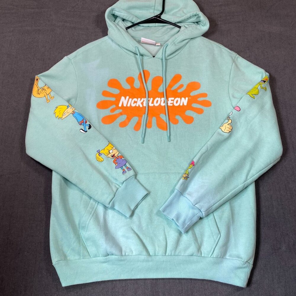 Nickelodeon Mint Green Hoodie With Rugrats Sleeve Design 60% Unisex Size Small